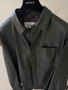 Salvatore Ferragamo Men’s Dark Green Leather Button-Down Shirt